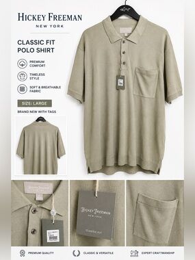 Hickey Freeman New York Men’s Classic Fit Knit Polo Shirt Sage Green Size L NWT